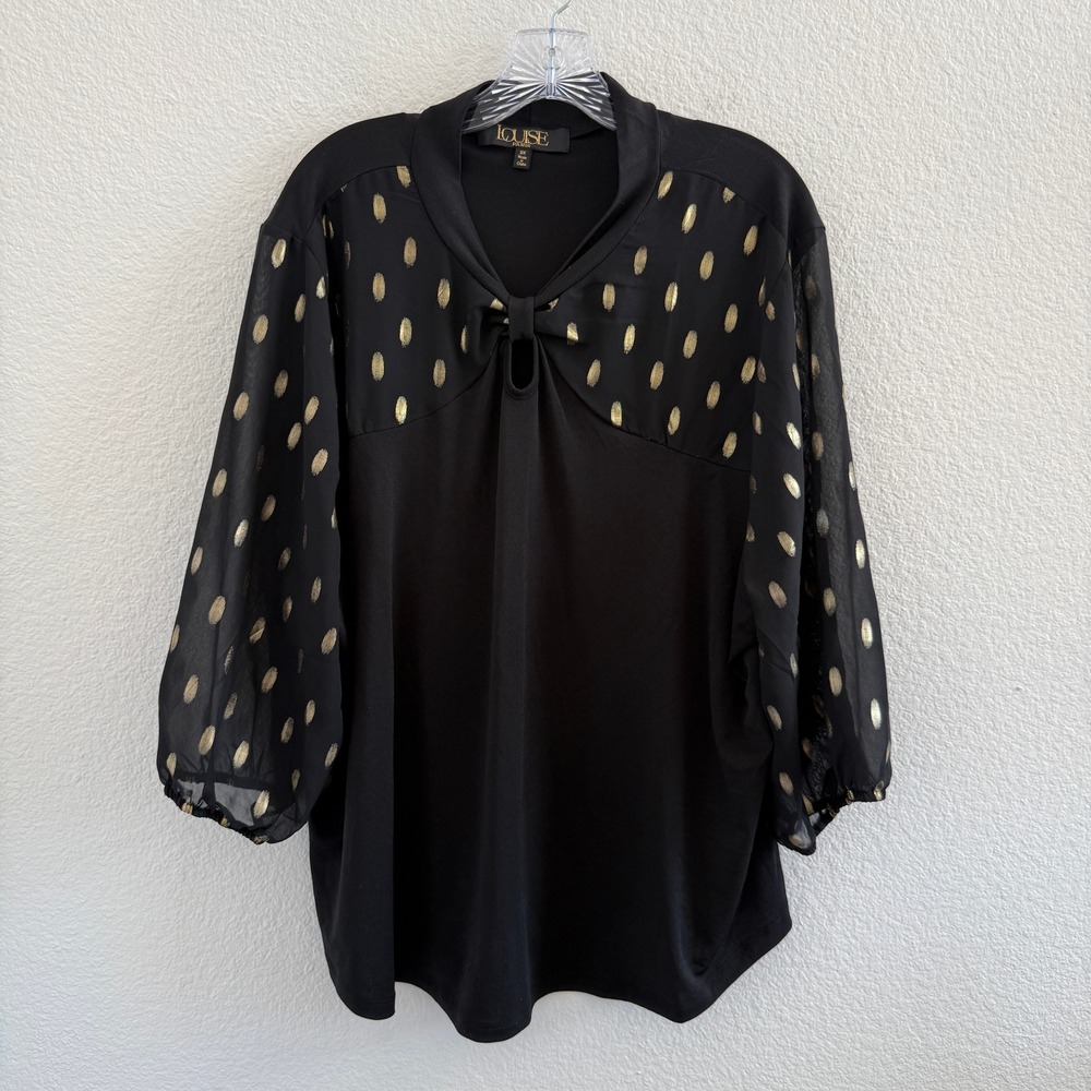 Louise Paris Black Gold Foil Polka Dot Sheer Sleeve Blouse Plus 3X Keyhole Knot